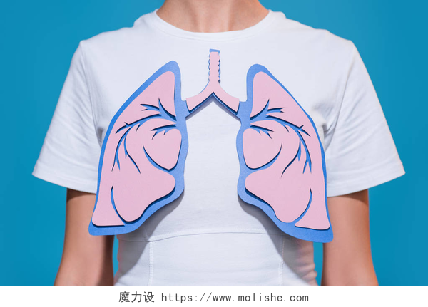 蓝色背景上纸片标记女孩的肺部部分视图的妇女在白色 t恤与纸制作的肺在蓝色背景